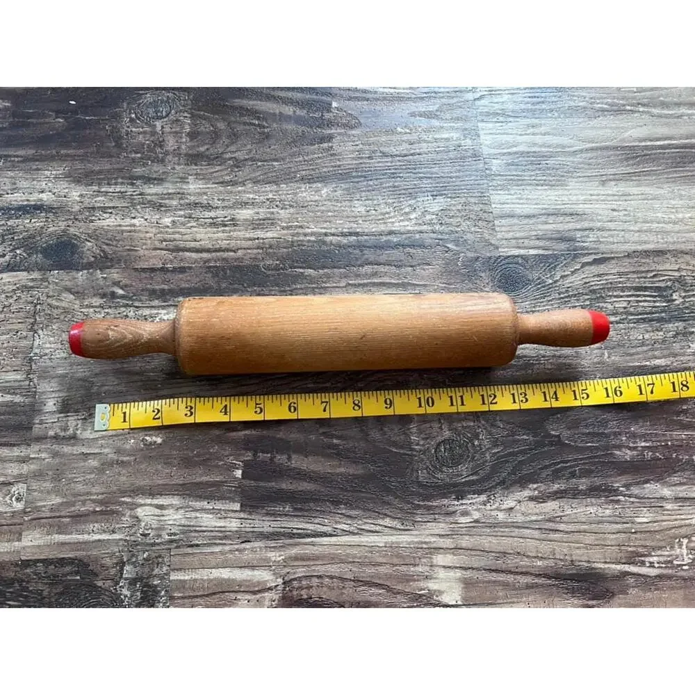 Vintage Wooden Rolling Pin with Red Handles, Rustic Farmhouse Kitchen Decor